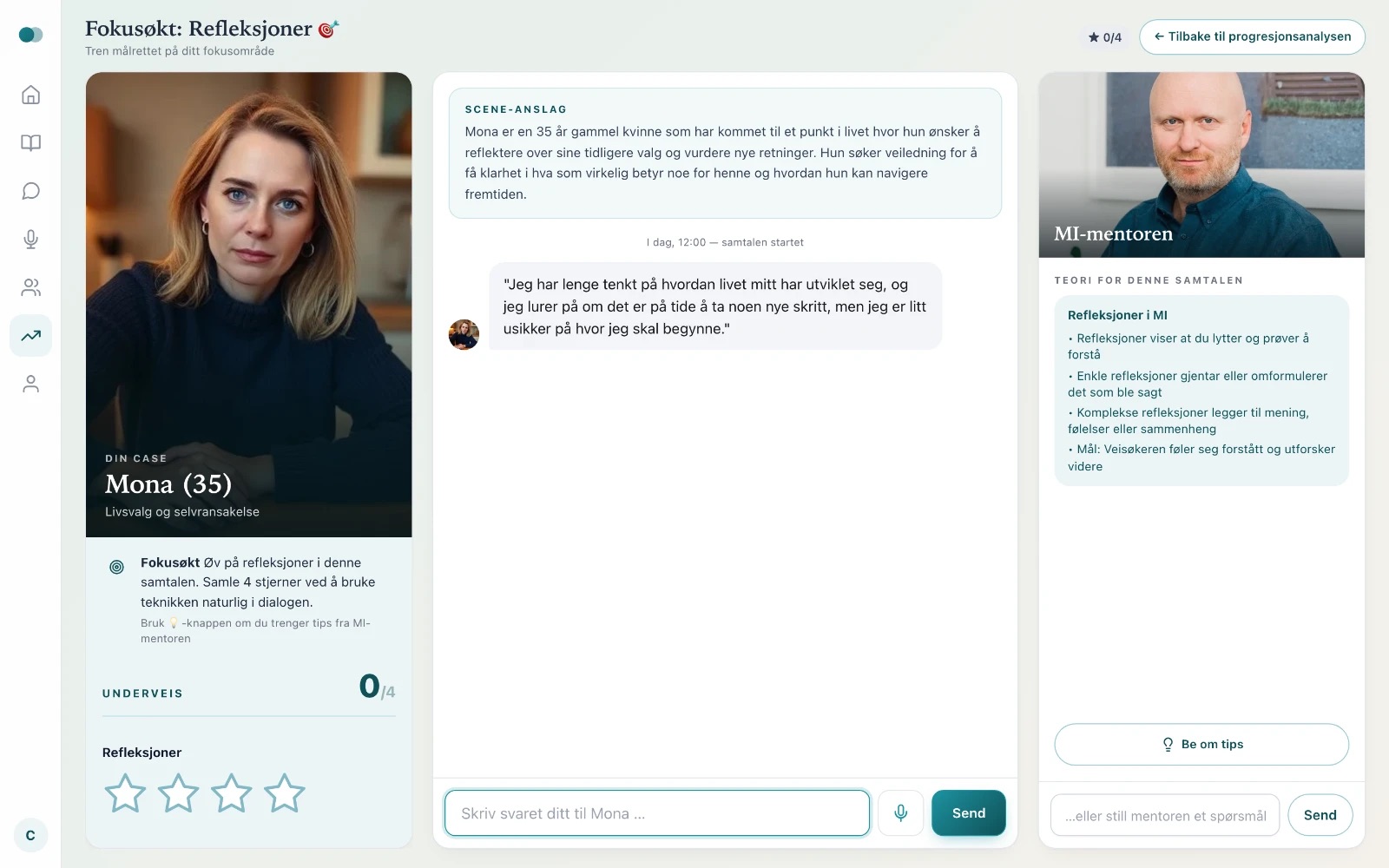 MI-lab: fokusøkt i refleksjoner med AI-klienten Mona og MI-mentoren